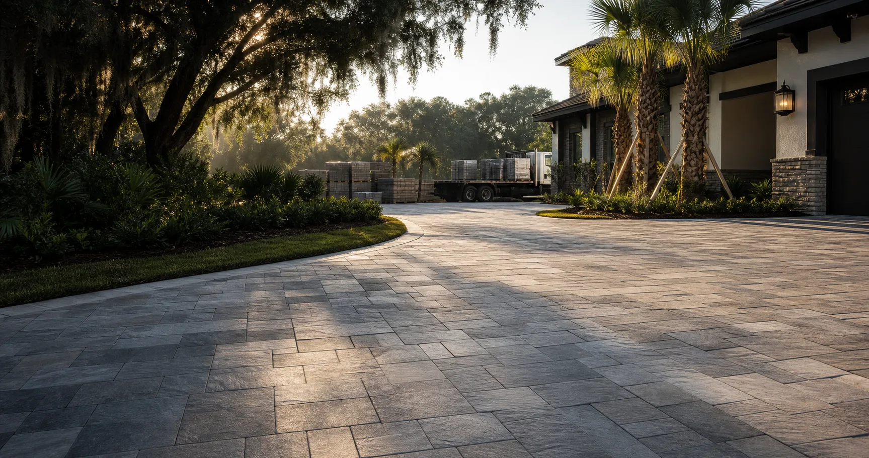 Finished paver driveway with clean hardscape materials